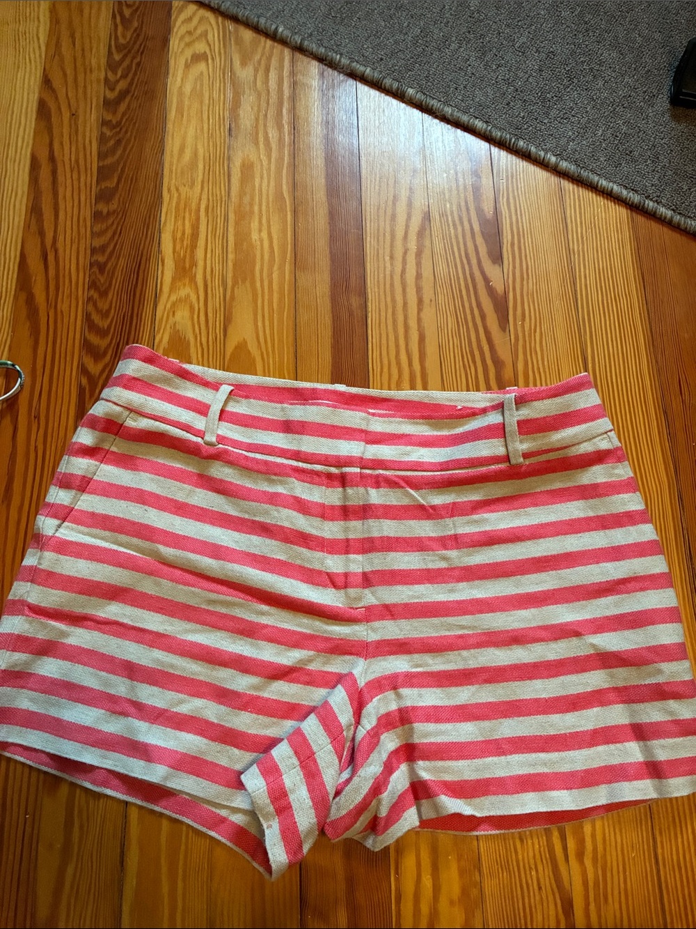 LOFT Pink and Cream Striped High-Waist Shorts